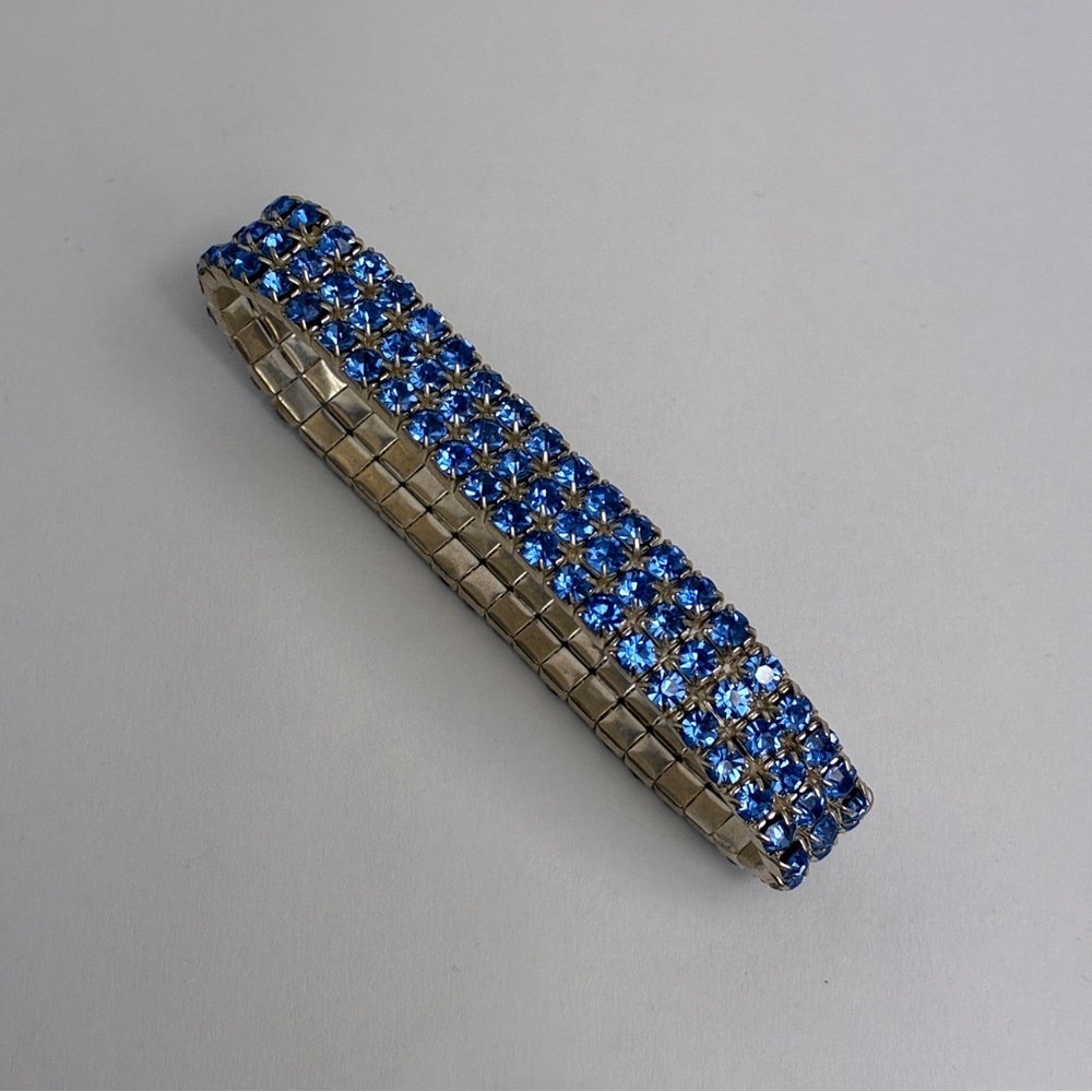 Blue Rhinestone Bracelet Three Row Expansion Band 7 Inch Stretchy - Picture 4 of 10